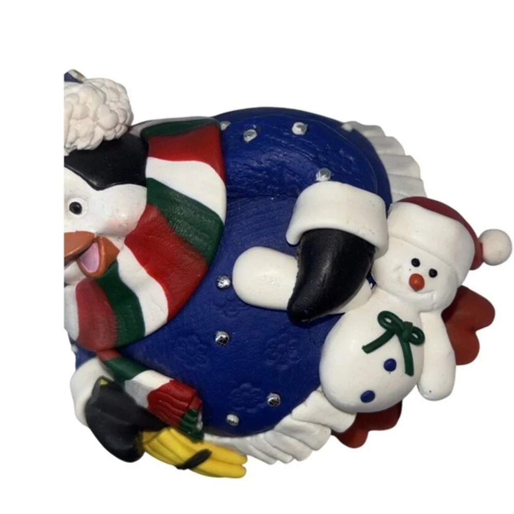 Penguin‎ Christmas Ornament Blue Sweater Snowman Scarf Rhinestone Holiday Decor